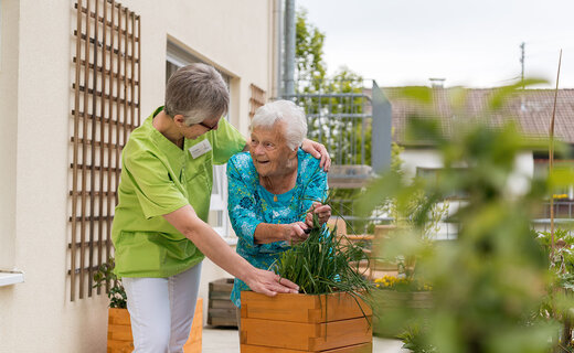 Seniorin und Betreuerin pflanzen gemeinsam eine Pflanze 